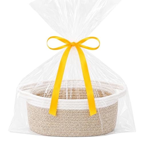Image of Empty Gift Basket with Gift Bag & Ribbon, Woven Rope Basket, 12x8x5