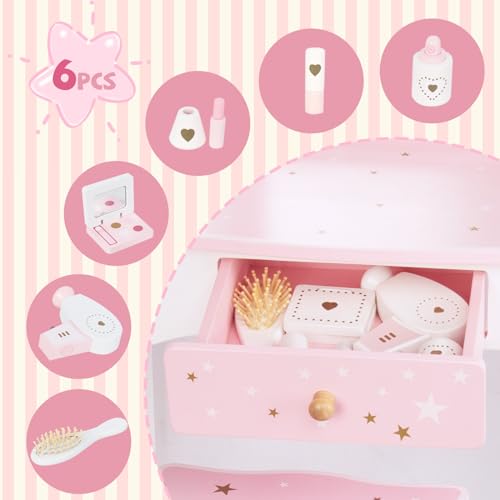 image for WoodenEdu Kids Wooden Play Vanity Set with Vanity Table and 6 pcs Make