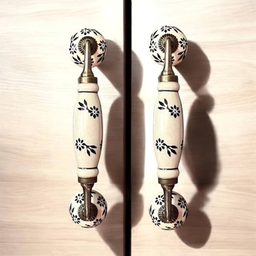 Image of Maison Belle Ceramic Door Handle Gold Antique Finish - Hole to Hole 6.5 INCH (Pack of 1 Handle) (White Hand Painted - Size 8.5 INCH)