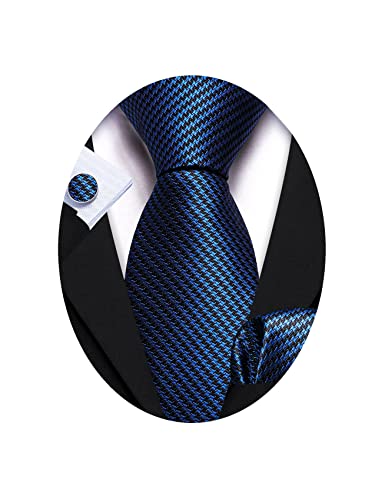Image of Barry.Wang Plaid Ties for Men Silk Necktie Handkerchief Cuff Links Set