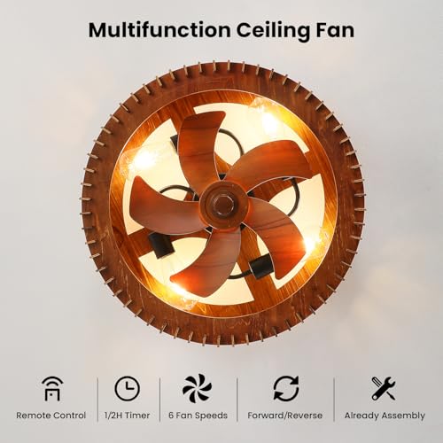 Image of 20 inch Flush Mount Caged Ceiling Fan with Light, Farmhouse Low Profile Ceiling Fan with Remote, Wooden Fandelier 6 Speed Quiet DC Motor, Reversible Chandelier Ceiling Fan for Bedroom Kitchen Living Room
