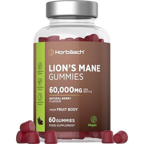 Lions Mane Gummies 60,000mg per Bottle | High Strength Lions Mane Supplement | Mushroom Extract | Natural Berry Flavour | 60 Vegan Gummies | by Horbaach