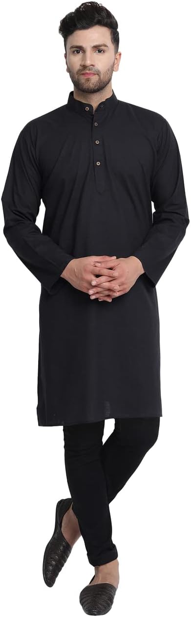 In-Sattva Men's Indian Classic Banded Collar Pure Cotton Long Kurta Tunic - Image 2