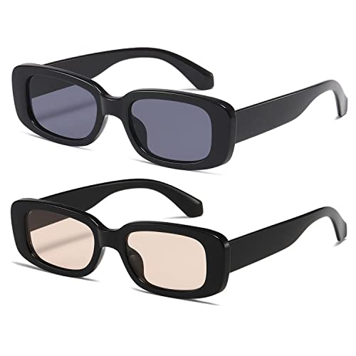 kimorn Rectangle Sunglasses for Women Men Trendy Retro Fashion Sun Glasses 90’s Vintage Square Frame K1200 (Black Frame Grey Lens+Black Frame Brown Lens, 65)