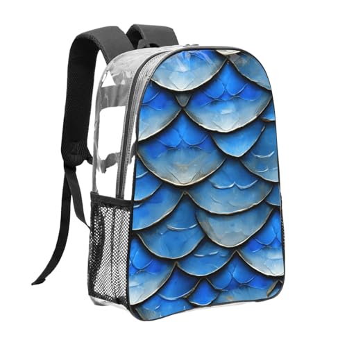 blue fish scale Print Work Travel Stadium Events Transparent Backpack PVC Clear Bag Large Side Pockets3