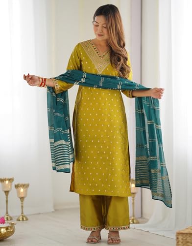 Image of SKYLEE Silk Blend Jaquard Sequins Embroidery and Lace Straight Kurta Set with Dupatta