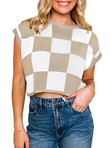 Image of Saodimallsu Womens Cap Sleeve Crop Tops Summer Color Block Knit Sweater