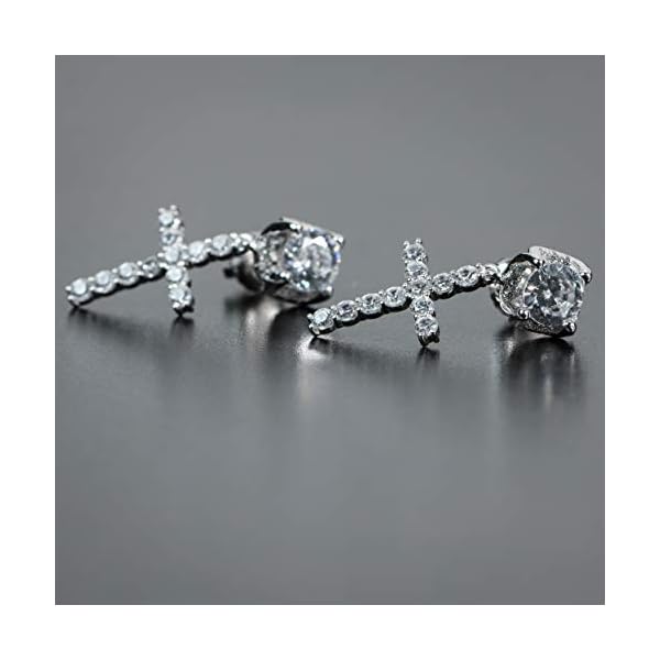 Mens Cross Drop Hanging Sterling Silver Cz Iced Stud Dangle Hoop Earrings - Image 5