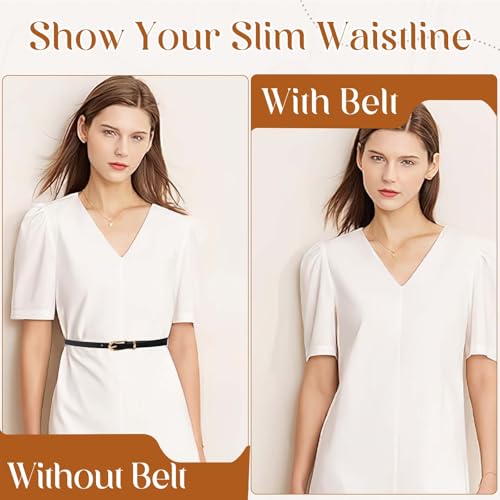 Image of Thin Belt for Women - Adjustable Skinny Leather Waist Belt for Formal Pants, Jeans, and Dresses with Fashion Buckle - Black & Camel, 2 Pack