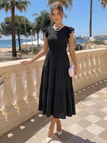 Image of ZESICA Women's 2026 Summer Casual Flutter Short Sleeve Smocked Midi Dress