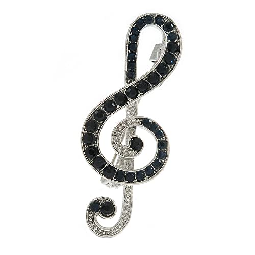 Image of Dark Blue Crystal Treble Clef Brooch In Silver Tone Metal - 45mm Long