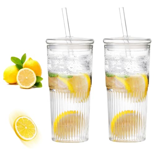 Bicchiere frullato da 600 ml, 2 tazze da caffè in vetro con cannuccia e coperchio, tazze di vetro, per bicchiere frullato, tazza di succo, bicchiere bolla tè, tazze in vetro da caffè ghiacciato