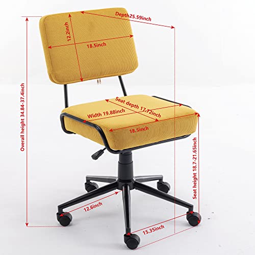 Heavyseven Home Office Chair, Armless Twill Corduroy Adjustable Swivel Task Chair With Wheels For Small Space, Living Room, Make-Up, Studying (Yellow) #TOP1