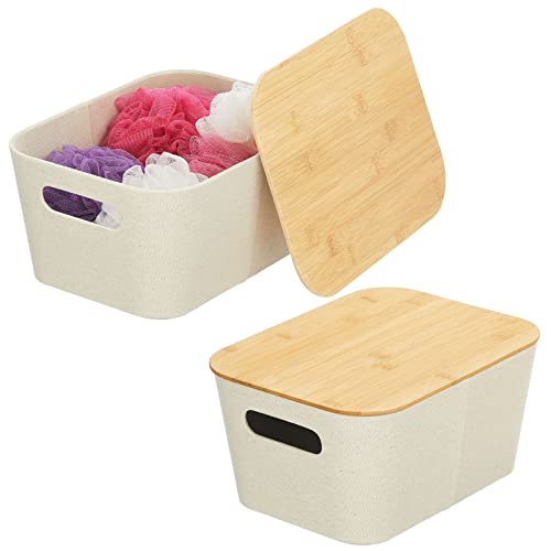 Mdesign Modern Fabric Covered Basket With Lid - Stacking Decorative Storage Bin Box With Bamboo Cover For Closet, Living Room, Kitchen, Office Shelf - Holders For Clothing/Accessories, 2 Pack, Cream #TOP21