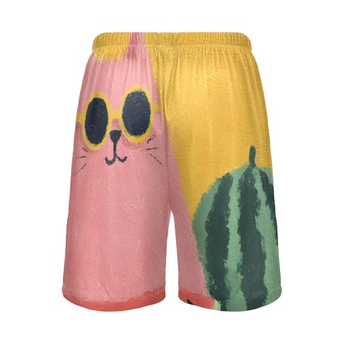 Mens Sleep Shorts Abstract Cat Watermelon, Pajama Pants Sleepwear with Pockets S2