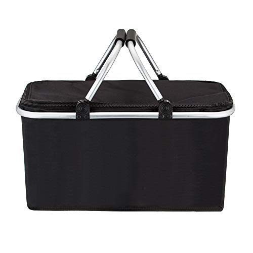 Large Size Picnic Basket Cooler Bag Insulated- Strong Aluminum Frame & Waterproof Lining - Collapsible Design for Easy Storage - Take it for Picnic Camping Hiking Beach Lake Trips, Vacations-BLACK
