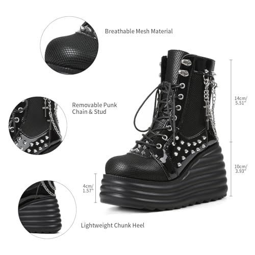 Lyrisiphy Women's Gothic Ankle Boots Black Platform Combat Boots with Punk Chains & Studs Lace Up Wedge Boots for Womens Rave Festivals Halloween3