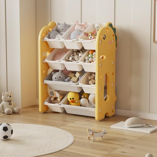 Image of oddpod Dino Kids Toy Organizer Storage Racks with Bins, Cute Cartoon Montessori Plastic Bookshelf for Children & Bedroom Shelf for Baby Hardline Toys, Books, Clothes & Games - Yellow (8+2 Bins)