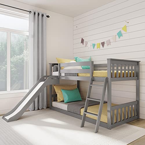 Image of Max & Lily Solid Wood Twin Over Twin Size Low Bunk Beds for Kids with Slide and Ladder, 400 lbs Weight Capacity, 14 inch Safety Guardrail, Anti-Slip Steps, Grey