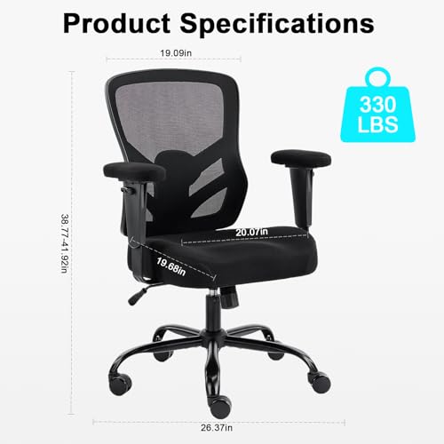 Image of YFO Ergonomic Office Chair, Mesh Computer Desk Chair with Adjustable Back Lumbar Support and Armrests, Comfy Executive Rolling Swivel Task Chair for Home Office, Black