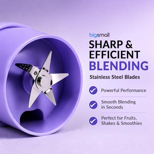 Image of Bigsmall Portable & Rechargeable Smoothie Blender Leak-Proof Lid - For Smoothies, Juices, Milkshakes, Baby Food, Ice Crushing & More (340ml) - 10 Stainless Steel Blades- (Purple)