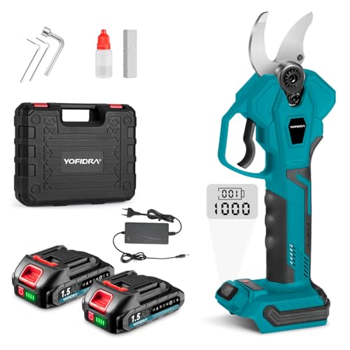 Yofidra Tijeras de Podar a Baterías - Diámetro de Corte 30 mm, Apertura de 45 mm, Tijeras de Podar Eléctricas de 4 Velocidades con 2 Cargadores de Batería, para Cuidado del Jardín, Poda de Arbustos