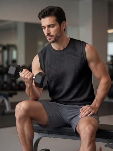 Image of GRECIILOOKS Sleeveless T Shirts for Men | Round Neck Textured Tshirt for Men in Premium Jacquard Knit | Gym Tank Top Mens Style with Stretch Comfort | Casual Streetwear Layering Tee