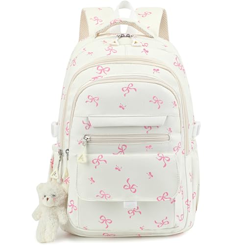 PRLINJSK Mochila para meninas para estudantes do ensino médio, linda bolsa de livros estética para adolescentes e mulheres com acessórios, Laço bege, Large, Mochilas tradicionais