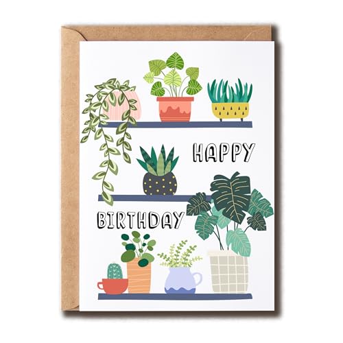 GoGiDesigns Plant Happy Birthday Greeting Card - Plant Birthday Funny Card - Green Plant Greeting Card - Plant Lover Card, White