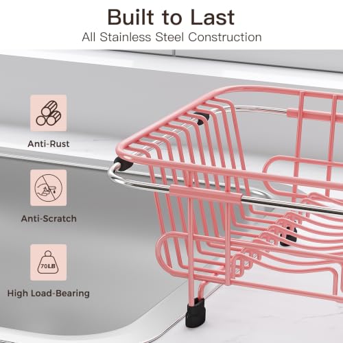 Image of JASIWAY Pink Dish Drying Rack in Sink with Utensil Holder, RV, Apartment