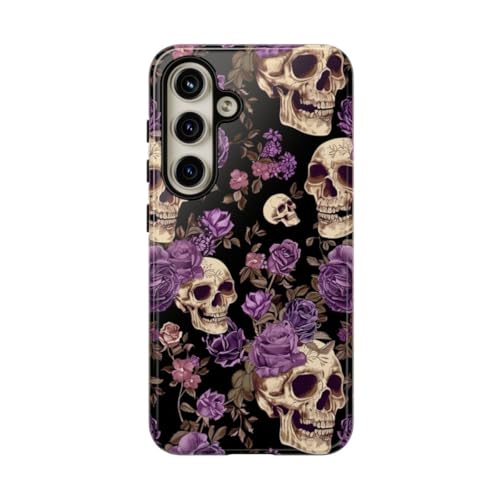 Coque Samsung S24 motif roses violettes et crânes rigide brillante