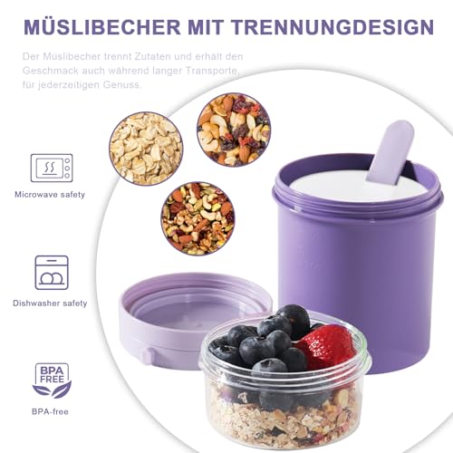 Swkien MüSlibecher to Go, Joghurtbecher to Go 450ml+250ml, Joghurt to Go Becher mit Löffel, Müsli Becher to Go für Müsli & Joghurt… – Ansicht 5