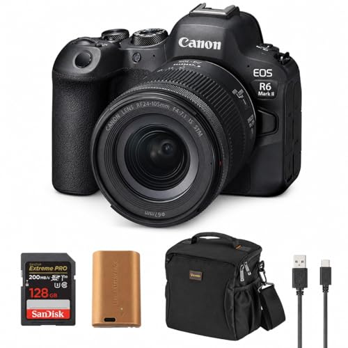 Canon EOS R6 Mark II Mirrorless Camera, with 24-105mm STM Lens, 24.2MP Full-Frame CMOS Sensor, 4K Video, Dual Pixel AF II, IBIS, Black, + 128GB Memory Card, Extra Battery, Bag, Canon 1-Year Warranty