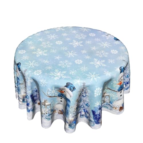 Giwawa Winter Snowman Tablecloth Round 60Inch, Blue Christmas Trees Balls Table Cover for Kitchen Dining, Xmas Falling Snowflakes Gifts Table Cloth Washable Polyester for Holiday Indoor Outdoor Decor