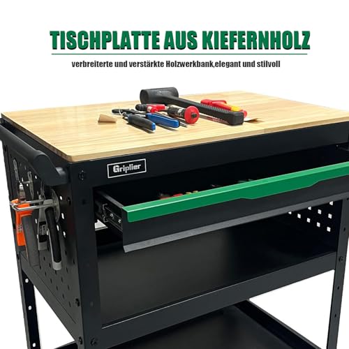 Griplier 3-Tier Rolling Werkzeugwagen mit Schublade, Holzarbeitsplatte，150KG Tragfähigkeit,82 x 48 x 90cm für Lager Garage Garten Werkstatt