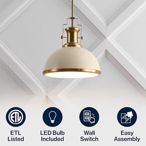 Image of JONATHAN Y Homer Industrial Dome Pendant 13 inch, Almond /Brass Gold | 1-Light, Farmhouse Style, Adjustable Hanging Height, Glass Diffuser, Sloped Ceiling Compatible, Metal, LED Bulb Included
