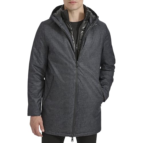 Kenneth Cole Men's Water Resistant Printed Wool Midweight Hooded Stadium Coat W/Quilted Bib2