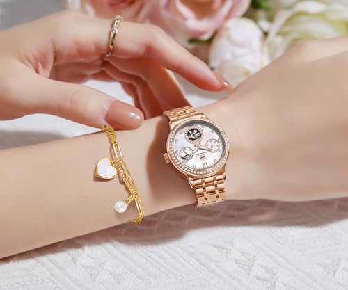 Image of OLEVS Women Watches Automatic Mechanical Set Casual Diamond Dress Ladies Self Winding Two Tone Wrist Watch Date