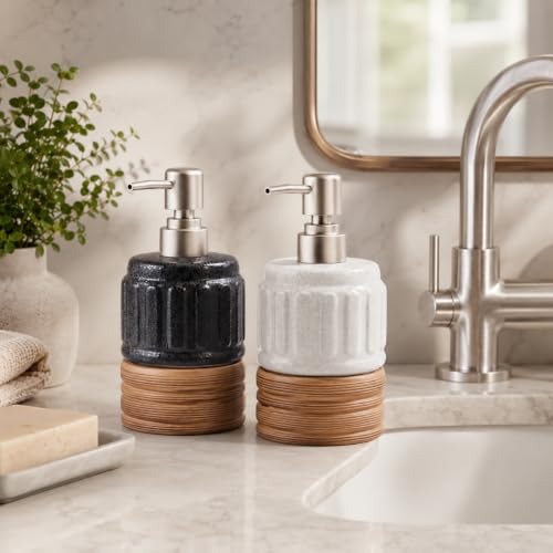 Image of 2 Pcs Soap Dispenser Bathroom, 14 Oz Liquid Hand Dish Soap Dispensers for Bathroom Countertop and Kitchen Sink, Ceramic Hand Soap, Dish Soap & Lotion Bottles, Modern Rustic Home Decor