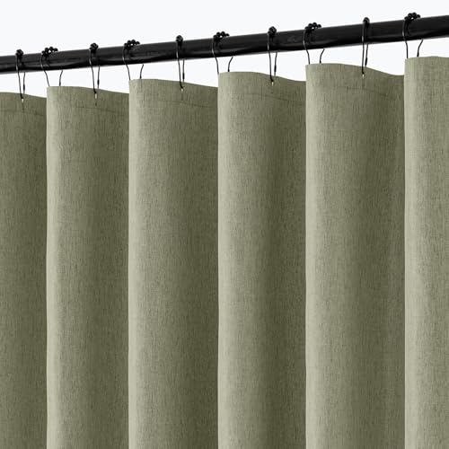 ANRODUO Olive Green Linen Textured Fabric Shower Curtain Set - 72x72 with 12 Rust Resistant Durable Metal Hooks Waterproof & Heavy Duty Polyester Button Hole Design Machine Washable for Bathroom