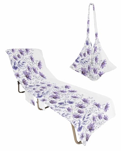 Purple Spring Floral Beach Lounge Chair Towel Cover, Soft Chaise Lounge Towel with Side Pockets Patio Pool Chairs Cover for Beach/Pool Sunbathing 29x85 Watercolor Summer Flowers Botanical Elegant