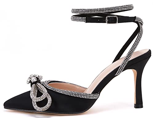 Vetaste Women's Double Bow Pointed Toe Ankle Strap Crystal Pumps Wedding Bridal Party Stilettos Backless Satin Heeled Sandals #TOP1