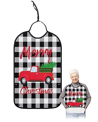 Christmas Red Truck Adult Bibs for Eating, Waterproof Bibs with Food Catcher & Adjustable Snap Closure, Xmas Tree Black White Plaid Washable Clothing Protectors Adult Bibs for Elderly Women/Men