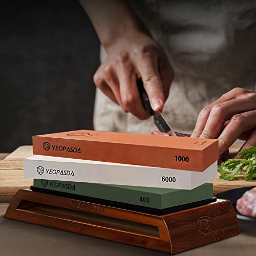 Extra Large Knife Sharpening Stone Kit - Yeopasda Thicker 3 Side Grit 400/1000/6000 Wet Stone - Whetstone Knife Sharpener Stone Set With Non-Slip Wood Base, Angle Guide, Cut Resistant Gloves #TOP5