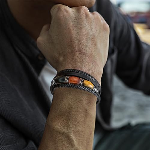 Pulsera para hombre con cuero y piedra ojo de tigre miniatura 3