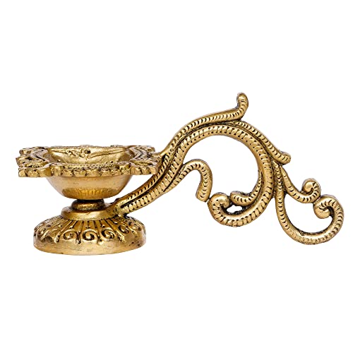 Image of eCraftIndia Ethnic Carved Brass Diya with 4 Wicks for Pooja Room and Temple, Gold, One Size (BDP504)