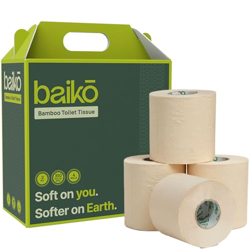 Baiko Bamboo Toilet Tissue Pack of 4 Rolls, 2 Ply, 1400 Pulls (4 x 350 Pulls per Roll)