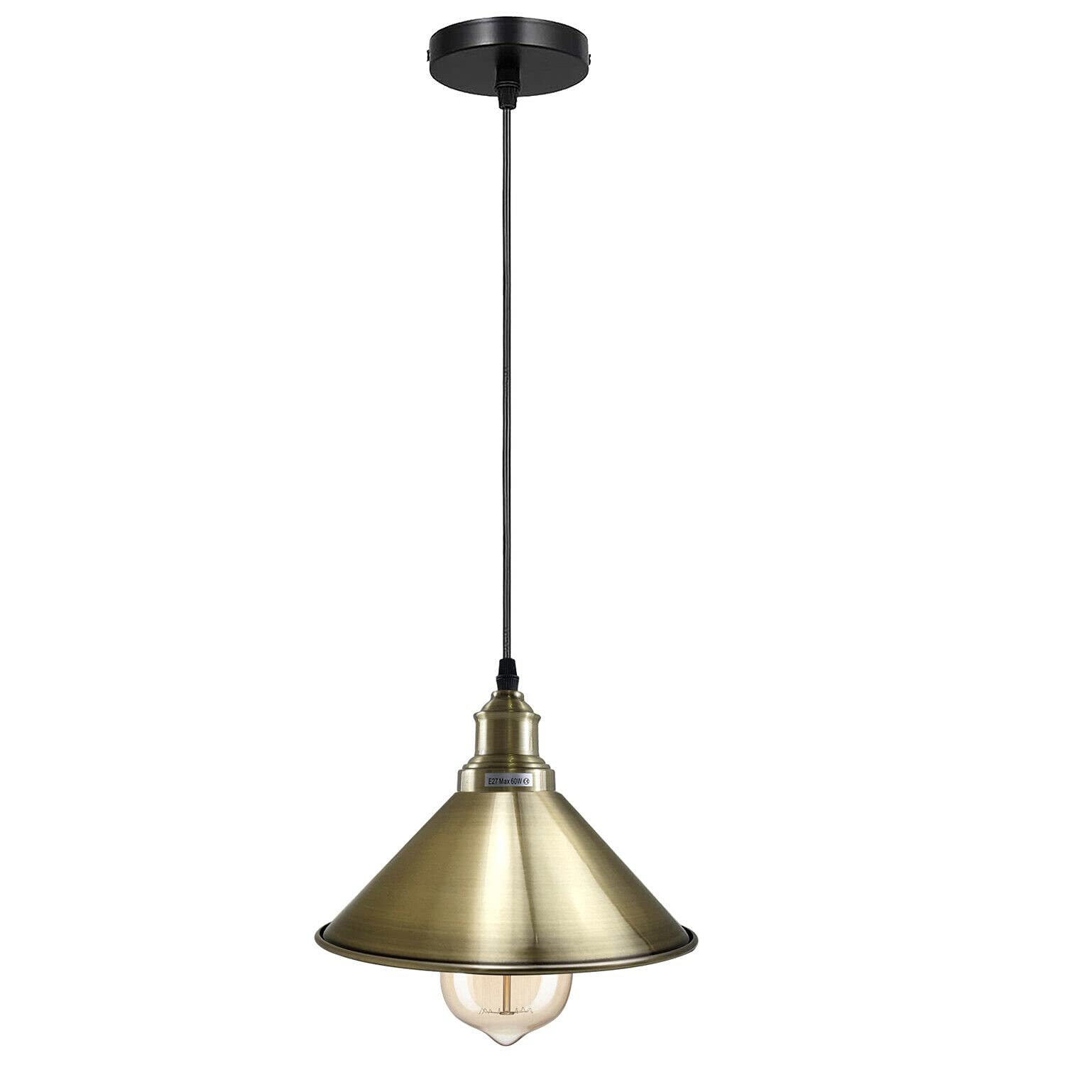 Industrial Pendant Light Fixture- Vintage Hanging Ceiling Lamp with Metal 22 cm Green Brass Shade, Adjustable Cord, E27 Socket, Rustic Farmhouse Kitchen Island Lighting, Dining Room & Bar Pendant Lamp
