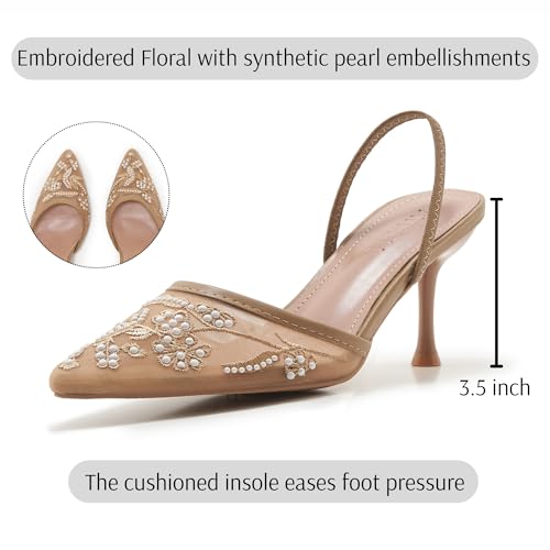 Image of Embroidered Mesh Slingback Heels for Women White Pearl Kitten Heel Pumps Pointed Toe Backless Wedding Shoes