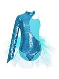 Alvivi Maillot de Gimnasia Rítmica para Niña de un Manga Larga Body Lentejuelas de Baile Latino Jazz Maillot con Falda Tutú Tul Disfraz de Bailarina Ballet 5-16 Años Azul verde 9-10 años
